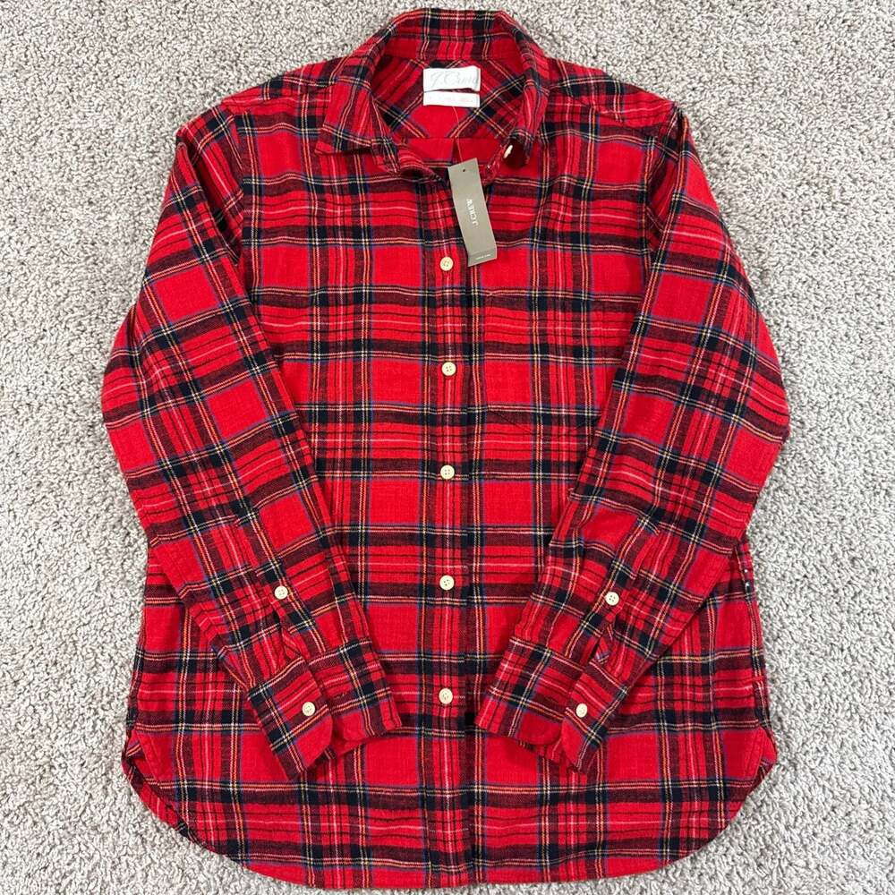 J.Crew Classic Fit Plaid Flannel Shirt Womens Size 0 Red Tartan Button NWT